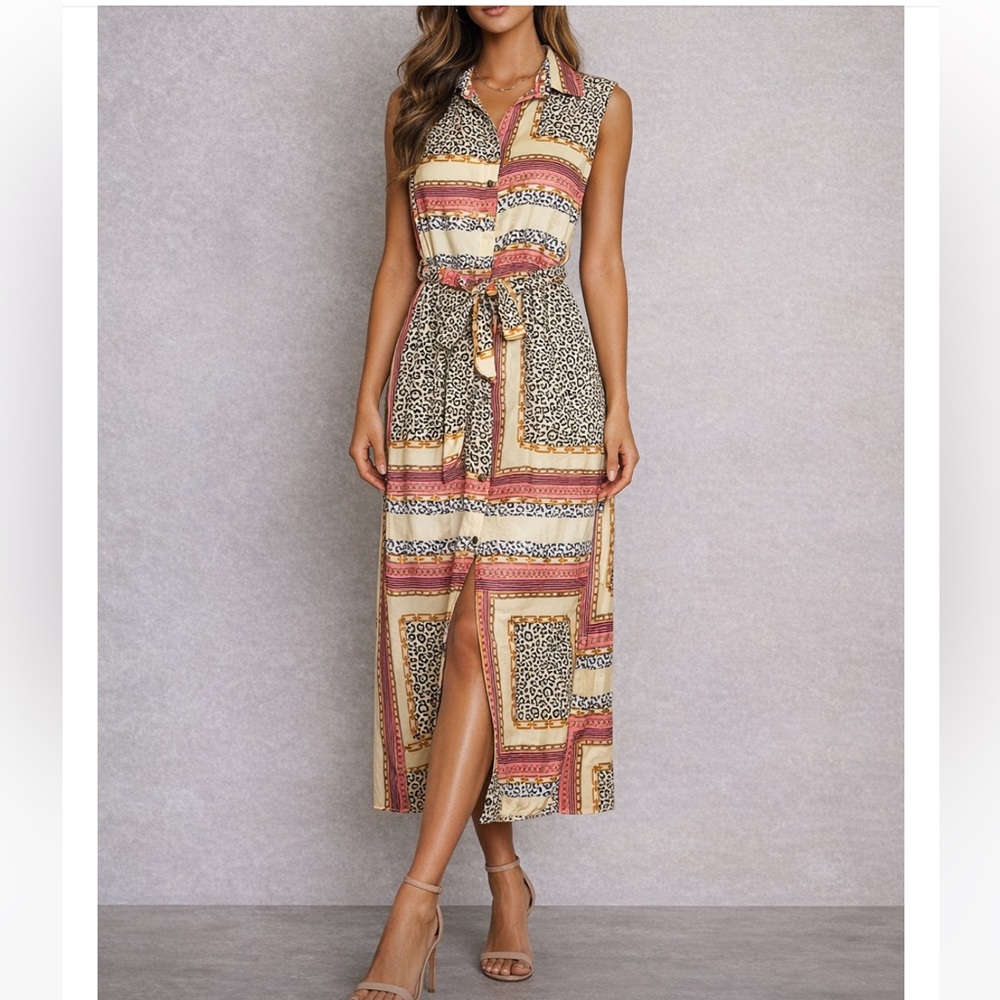 Chepe Animal Print Sleeveless Shirt Dress